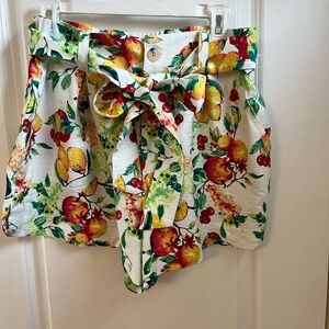 Floral Fruit Print Shorts with Bow Tie